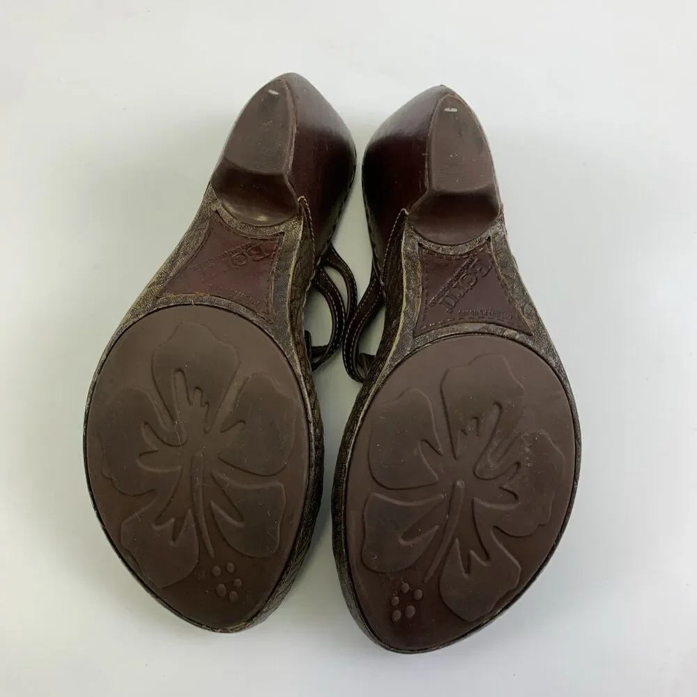 Born Brown Leather Floral Cut Out Slide Wedge Sandal Studded Heel Womens 7